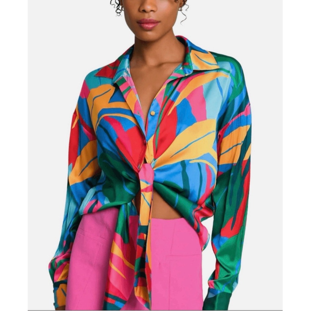 Hutch Robbie Tie Front Blouse Womens Medium Multicolor Tropical Resort Satin